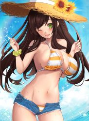 Rule 34 | 1girl, bare shoulders, bikini, blue shorts, blush, breasts, brown hair, cleavage, collarbone, denim, denim shorts, green eyes, hat, highres, large breasts, long hair, looking at viewer, navel, one eye closed, open mouth, orange bikini, original, short shorts, shorts, smile, solo, straw hat, striped bikini, striped clothes, swimsuit, thighs, untue