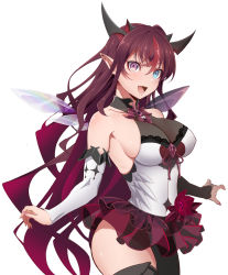 Rule 34 | 1girl, asymmetrical legwear, awakoto (awakotoya), blue eyes, breasts, bridal gauntlets, cleavage, covered erect nipples, cowboy shot, crystal wings, curvy, dress, from side, hair between eyes, heterochromia, highres, hololive, hololive english, horns, impossible clothes, impossible dress, irys (hololive), irys (irys 1.0) (hololive), large breasts, long hair, looking at viewer, multicolored hair, open mouth, outstretched arms, pleated skirt, pointy ears, purple eyes, purple hair, see-through, sideboob, simple background, skirt, sleeveless, sleeveless dress, smile, solo, streaked hair, tight clothes, very long hair, virtual youtuber, white background, wide hips, wings