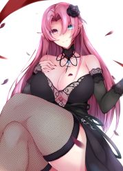 Rule 34 | 1girl, aqua eyes, azur lane, bare shoulders, black dress, black gloves, blush, breasts, cleavage, collarbone, crossed legs, detached collar, dress, duke of york (azur lane), duke of york (eternal night&#039;s carola) (azur lane), elbow gloves, eyes visible through hair, fishnet thighhighs, fishnets, flower, gloves, hair between eyes, hair flower, hair ornament, hand on own chest, heterochromia, highres, large breasts, long hair, looking at viewer, monotosu, nail polish, parted bangs, petals, pink eyes, pink hair, pointy ears, red nails, simple background, sitting, smile, solo, straight hair, thighhighs, thighs, white background