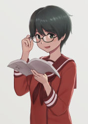 Rule 34 | 1girl, bespectacled, black eyes, black hair, brown neckerchief, brown sailor collar, glasses, highres, kantai collection, long sleeves, mogami (kancolle), neckerchief, open mouth, porupurucha, red serafuku, sailor collar, school uniform, serafuku, short hair, simple background, smile, solo, upper body, white background