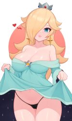 Rule 34 | 1girl, absurdres, aqua dress, bare shoulders, black panties, blonde hair, blue eyes, blush, breasts, brooch, cameltoe, cleavage, cleft of venus, clothes lift, crown, dress, dress lift, earrings, hair over one eye, highres, jewelry, large breasts, lifting own clothes, long hair, looking at viewer, mario (series), midriff, moursho, navel, nintendo, off-shoulder dress, off shoulder, panties, pussy juice, rosalina, smile, solo, star (symbol), star brooch, star earrings, stomach, super mario galaxy, sweat, underwear