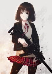 Rule 34 | 1girl, black hair, black jacket, black pantyhose, blunt bangs, caidychen, closed mouth, collared shirt, commentary, contrapposto, cowboy shot, english commentary, gun, highres, holding, holding gun, holding weapon, jacket, kriss vector, layered clothes, light smile, long sleeves, looking at viewer, miniskirt, neck ribbon, original, pantyhose, photo-referenced, plaid, pleated skirt, pocket, purple eyes, red ribbon, red skirt, ribbon, school uniform, shirt, shirt under sweater, short hair, skirt, solo, standing, submachine gun, sweater under jacket, trigger discipline, weapon, white shirt, wing collar