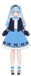 Rule 34 | 1girl, absurdres, ahoge, ankle bow, ankle ribbon, blouse, blue bow, blue bowtie, blue hair, blue skirt, blush, bow, bowtie, brown footwear, closed mouth, commentary, english commentary, full body, hairband, heart, heart ahoge, highres, hololive, jacket, leg ribbon, long hair, looking at viewer, open clothes, open jacket, pointy ears, ribbon, shirt, shoes, simple background, skirt, smile, socks, solo, twintails, virtual youtuber, white background, white shirt, white socks, yellow eyes, yoako, yukihana lamy