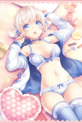 Rule 34 | 1girl, arms up, blue bra, blue choker, blue eyes, blue panties, blue ribbon, blue thighhighs, blush, border, bow, bow bra, bow legwear, bow panties, bra, breasts, choker, commentary, double bun, frilled bra, frilled panties, frills, from above, gluteal fold, groin, hair bun, hair ribbon, heart, heart-shaped pillow, highres, hinariaoba, jacket, lace, lace border, lens flare, light blush, lingerie, lips, lipstick, long sleeves, looking at viewer, lying, makeup, medium breasts, navel, no pants, on back, open clothes, open jacket, original, ornate border, panties, pillow, ribbon, ribbon choker, shadow, silver hair, smile, solo, stuffed animal, stuffed rabbit, stuffed toy, thigh gap, thighhighs, thighs, underwear, white jacket