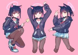 Rule 34 | 1girl, absurdres, akanbe, arms up, black choker, black hair, black jacket, black pantyhose, blue archive, blunt bangs, blunt ends, cat, chewing gum, choker, chozgum, colored inner hair, cropped legs, extra ears, eyelid pull, flying sweatdrops, fork, halo, highres, holding, holding fork, hood, hooded jacket, jacket, kazusa (blue archive), looking at viewer, multicolored hair, multiple views, pantyhose, pink background, pink eyes, pink hair, pleated skirt, school uniform, shoes, simple background, skirt, sneakers, squatting, sweatdrop, thighband pantyhose, tongue, tongue out, two-tone hair