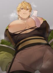 Rule 34 | 1boy, animal, animal on shoulder, bara, bare pectorals, black shirt, blonde hair, brown eyes, from above, green jacket, grey pants, highres, jacket, large pectorals, looking at viewer, male focus, muscular, muscular male, nipples, nu carnival, off shoulder, open clothes, open jacket, pants, pectoral focus, pectorals, puffy chest, quincy (nu carnival), season2re, shirt, short hair, solo, suspenders, sweat, topper (nu carnival)