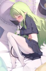 Rule 34 | 1girl, bed sheet, bitseon, blue archive, blue jacket, blue skirt, blush, closed eyes, commentary request, cropped jacket, demon tail, green hair, halo, hat, highres, hikari (blue archive), jacket, licking own tail, long hair, lying, midriff, miniskirt, navel, no shoes, on side, pantyhose, pleated skirt, pointy ears, profile, saliva, skirt, solo, stomach, tail, unworn hat, unworn headwear, very long hair, white pantyhose