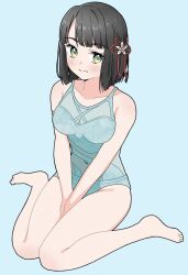 Rule 34 | 1girl, alternate color, black hair, blue background, blue one-piece swimsuit, blunt bangs, blunt ends, blush, breasts, casual one-piece swimsuit, cleavage, collarbone, commentary, cosplay, embarrassed, flower, flower knot, full body, green eyes, hair flower, hair ornament, highres, link! like! love live!, llkapital, looking at viewer, love live!, love live! nijigasaki high school idol club, medium breasts, mifune shioriko, mifune shioriko (cosplay), momose ginko, navel, one-piece swimsuit, see-through, see-through cleavage, short hair, simple background, sitting, solo, swimsuit, thick outlines, trait connection, virtual youtuber, wariza, wavy mouth