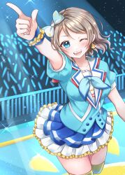 Rule 34 | 1girl, absurdres, glowstick, hair ornament, hand up, highres, idol, legs, love live!, love live! sunshine!!, necktie, pointing, rin5325, scrunchie, skirt, solo, thighhighs, thighs, watanabe you