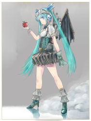 Rule 34 | 1girl, apple, aqua hair, artist name, blue eyes, bow, bowtie, corset, food, fruit, full body, gloves, goggles, goggles on head, hatsune miku, headset, high heels, highres, kowiru, long hair, md5 mismatch, mechanical wings, revision, skirt, smile, solo, steampunk, twintails, very long hair, vocaloid, wings