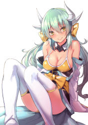 Rule 34 | 1girl, bikini, bow, breasts, cleavage, closed mouth, detached collar, fate/grand order, fate (series), green hair, hair between eyes, hair bow, highres, horns, kiyohime (fate), kiyohime (fate/grand order), kiyohime (swimsuit lancer) (fate), kiyohime (swimsuit lancer) (first ascension) (fate), long hair, looking at viewer, low twintails, medium breasts, nebusoku, off shoulder, satsuki neko, simple background, sleeves past wrists, smile, solo, swimsuit, thighhighs, twintails, white background, white thighhighs, wide sleeves, yellow bikini, yellow eyes