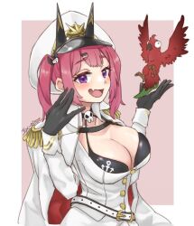 Rule 34 | 1girl, 1other, :d, artist name, bikini, bikini under clothes, bird, black bikini, black gloves, blush, breasts, cleavage, coat, coat on shoulders, epaulettes, ex-mist, fang, gloves, goddess of victory: nikke, hair ornament, hat, large breasts, long sleeves, mast (nikke), military hat, open mouth, peaked cap, purple hair, red hair, shirt, short twintails, shorts, skin fang, skull choker, skull hair ornament, smile, swimsuit, twintails, white coat, white shirt, white shorts