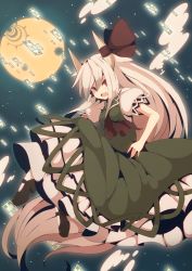 Rule 34 | 1girl, bad id, bad pixiv id, dress, ex-keine, female focus, floating, full moon, fuurin (omaemona), gradient background, horn ornament, horn ribbon, horns, kamishirasawa keine, long hair, mary janes, moon, night, night sky, ofuda, open mouth, outdoors, red eyes, ribbon, shoes, silver hair, sky, solo, tail, touhou, very long hair