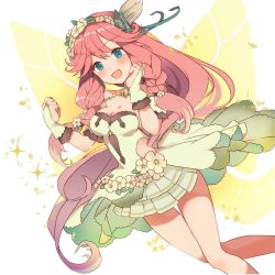 Rule 34 | 1girl, :d, blue eyes, blush, breasts, cleavage, clenched hands, dragalia lost, dress, flower, hair flower, hair ornament, hair ribbon, highres, long hair, looking at viewer, notte (dragalia lost), open mouth, pink hair, pleated dress, po pooch, ribbon, smile, solo, strapless, strapless dress, very long hair, wings