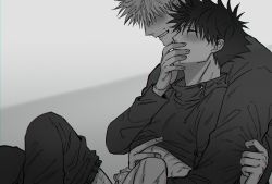 Rule 34 | 2boys, blush, buttons, closed eyes, clothes grab, clothes lift, commentary request, covering another&#039;s mouth, cum, cum on hands, ejaculation, fushiguro megumi, fushirun rung, gojou satoru, hand over another&#039;s mouth, handjob, high collar, highres, jacket, jacket grab, jujutsu kaisen, korean commentary, lifting another&#039;s clothes, long sleeves, male focus, monochrome, multiple boys, pants, pants around one leg, short hair, smile, spiked hair, sweatdrop, yaoi