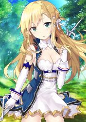Rule 34 | 1girl, azur lane, blonde hair, breasts, bridal gauntlets, cleavage, coat, commentary, day, detached collar, elbow gloves, feng mao mc, fingerless gloves, forbin (azur lane), forest, gloves, green eyes, hair bun, highres, long hair, nature, saber (weapon), single hair bun, skirt, solo, sword, weapon