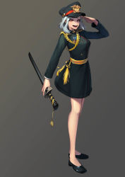 Rule 34 | 1girl, :d, absurdres, arm at side, arm up, bad id, bad pixiv id, badge, bare legs, black coat, black footwear, black hat, breasts, coat, emblem, epaulettes, full body, gradient background, grey background, hat, highres, holding, holding sword, holding weapon, lips, long hair, long sleeves, looking at viewer, medium breasts, military, military uniform, no socks, open mouth, original, red eyes, romana, round teeth, salute, sheath, sheathed, shoes, silver hair, smile, solo, standing, sword, tassel, teeth, uniform, weapon