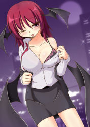 Rule 34 | 1girl, ;p, alternate hair length, alternate hairstyle, bat wings, black bra, black skirt, black vest, blurry, blush, bra, bra peek, breasts, building, cleavage, collarbone, collared shirt, cowboy shot, depth of field, dress shirt, dutch angle, full moon, head wings, koakuma, kurenaidahlia, large breasts, long sleeves, looking at viewer, low wings, moon, necktie, night, night sky, off shoulder, one eye closed, open clothes, open vest, partially unbuttoned, red eyes, red hair, red necktie, shirt, short hair, skirt, skirt set, sky, skyscraper, solo, tongue, tongue out, touhou, underwear, vest, white shirt, wings