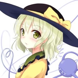 1girl absurdres black_hat bow closed_mouth from_side green_eyes green_hair hair_between_eyes hat hat_bow heart heart_of_string highres indica komeiji_koishi long_hair looking_at_viewer shirt simple_background solo third_eye touhou upper_body white_background yellow_bow yellow_shirt