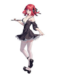 Rule 34 | 1girl, absurdres, armpits, black dress, black footwear, black ribbon, blue eyes, blunt bangs, blush, breasts, butterfly hair ornament, cake, clothes lift, collarbone, cup, dress, dress lift, eyebrows hidden by hair, food, frilled dress, frills, from behind, go-toubun no hanayome, hair ornament, highres, holding, holding tray, kan bu jian de feng, kneepits, large breasts, looking at viewer, looking back, nakano nino, off shoulder, pink hair, puffy sleeves, ribbon, simple background, smile, solo, thick thighs, thighhighs, thighs, tray, twintails, white background, white thighhighs, zettai ryouiki