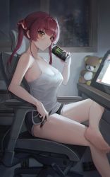 Rule 34 | 1girl, barefoot, blush, breasts, can, chair, cleavage, commentary request, hair ribbon, highres, holding, holding can, holding stylus, hololive, houshou marine, indoors, crossed legs, looking at viewer, lunia, medium breasts, night, red eyes, red hair, red ribbon, ribbon, short hair, sitting, soles, solo, stuffed animal, stuffed toy, stylus, teddy bear, thighs, twintails, virtual youtuber, window, yellow eyes