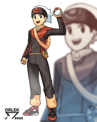 Rule 34 | 1boy, :d, absurdres, arm up, artist name, backpack, bag, beanie, black eyes, black hair, brendan (pokemon), clenched hand, creatures (company), fingerless gloves, full body, game freak, gloves, happy, hat, highres, holding, holding poke ball, jacket, long sleeves, male focus, nintendo, open mouth, orlek, pants, poke ball, poke ball (basic), pokemon, pokemon rse, red footwear, shoes, short hair, smile, solo, standing, teeth, upper teeth only, white background, white hat, yellow bag, yellow gloves, zoom layer