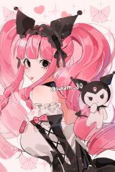 Rule 34 | 1girl, bad id, bad twitter id, bare shoulders, black choker, black eyes, black headdress, blunt bangs, braid, character profile, choker, commentary, detached sleeves, dress, drill hair, eyelashes, heart, joman, korean commentary, kuromi, long hair, looking at viewer, one piece, onegai my melody, perona, pink background, pink hair, pink ribbon, profile, ribbon, sanrio, sidelocks, solo, star (symbol), tongue, tongue out, twintails