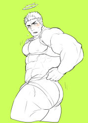 Rule 34 | 1boy, abs, bad id, bad pixiv id, bara, bare pectorals, blush, clothes pull, cropped legs, facial hair, fire, flaming halo, from side, green theme, halo, large pectorals, male focus, male swimwear, mature male, monochrome, motion lines, muscular, muscular male, one-piece swimsuit pull, pectoral lift, pectorals, po fu, short hair, sideburns, spot color, stubble, sweatdrop, swim briefs, thick thighs, thighs, tokyo houkago summoners, underbust, zabaniyya (fashionista swimsuit) (housamo), zabaniyya (housamo)