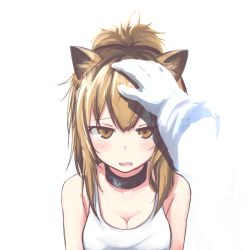 Rule 34 | 1girl, animal ears, arknights, bare shoulders, breasts, caraku, cleavage, eyebrows, hand on another&#039;s head, lion ears, lion girl, long hair, looking at viewer, open mouth, pov, siege (arknights), simple background, studded choker, tank top, white background, white tank top, yellow eyes