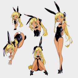 Rule 34 | 1girl, ;d, all fours, anderson m0311, animal ear hairband, animal ears, aqua eyes, ass, bare legs, bare shoulders, black bow, black bowtie, black footwear, black leotard, blonde hair, blush, bow, bowtie, cropped torso, dark-skinned female, dark skin, detached collar, fake animal ears, fake tail, flat chest, full body, groin, hairband, high heels, highres, idolmaster, idolmaster cinderella girls, layla (idolmaster), leotard, looking ahead, looking at viewer, multiple views, one eye closed, open mouth, oversized breast cup, playboy bunny, ponytail, rabbit ear hairband, rabbit ears, rabbit tail, simple background, sitting, smile, standing, strapless, strapless leotard, sweatdrop, tail