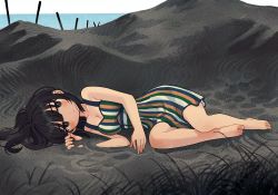 Rule 34 | 1girl, bare legs, barefoot, black eyes, black hair, blush, breasts, cleavage, dress, grass, highres, horizon, long hair, looking at viewer, lying, on side, original, shadow, sleeveless, sleeveless dress, solo, striped clothes, striped dress, water, zinbei