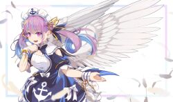 Rule 34 | 1girl, :d, anchor symbol, blue bow, blue dress, blue hair, blue ribbon, bow, breasts, choker, cleavage, clothing cutout, commentary request, dress, feathered wings, feathers, frilled dress, frills, hair ribbon, hand up, highres, hololive, long hair, looking at viewer, maid headdress, medium breasts, minato aqua, minato aqua (1st costume), multicolored hair, open mouth, pink hair, print dress, puffy short sleeves, puffy sleeves, purple eyes, ribbon, short sleeves, shoulder cutout, simple background, smile, solo, twintails, two-tone hair, very long hair, virtual youtuber, white background, white bow, white choker, white feathers, white wings, wings, wrist cuffs, xuu shi times, yellow ribbon