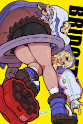 Rule 34 | 1boy, absurdres, androgyne symbol, ass, bare arms, bent over, bike shorts under skirt, blonde hair, blush, bridget (guilty gear), character name, cross, cuffs, drawstring, english text, eyelashes, from behind, from below, full body, gloves, guilty gear, guilty gear strive, habit, hachinos ssb, handcuffs, highres, hood, hoodie, leaning forward, looking at viewer, looking back, male focus, medium hair, open mouth, pleated skirt, red eyes, sidelocks, simple background, skirt, solo, trap, white gloves, wrist cuffs, yellow background, yo-yo