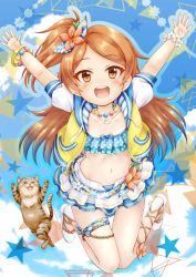 Rule 34 | 1girl, :d, animal, arms up, bikini, bikini skirt, blue bikini, blue sky, blush, brown eyes, brown hair, cat, cloud, collarbone, commentary request, day, drawstring, flower, flower bracelet, full body, highres, idolmaster, idolmaster million live!, idolmaster million live! theater days, jacket, long hair, looking at viewer, ogami tamaki, one side up, open clothes, open jacket, open mouth, outdoors, parted bangs, polka dot, polka dot bikini, puffy short sleeves, puffy sleeves, regular mow, revision, round teeth, shoes, short sleeves, sky, smile, solo, star (symbol), swimsuit, teeth, upper teeth only, very long hair, white flower, white footwear, yellow jacket