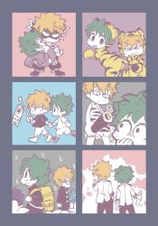 Rule 34 | 2boys, animal costume, animal ears, animal print, ass, backpack, bag, bakugou katsuki, biting, biting another&#039;s tail, blank eyes, blonde hair, blush, boku no hero academia, carrying, child, commentary request, covering own mouth, fake animal ears, fake tail, food, freckles, from behind, gakuran, green hair, holding, holding food, holding hands, horns, kan (k mham1212), koinobori, long sleeves, looking at another, makizushi, male focus, midoriya izuku, multiple boys, oni horns, pants, princess carry, rain, school uniform, shoes, short hair, simple background, spiked hair, standing, sushi, tail, tail biting, tiger costume, tiger ears, tiger print, tiger tail, u.a. school uniform, windsock, yellow bag