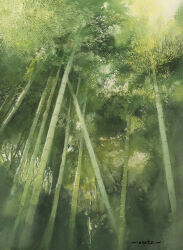 Rule 34 | bamboo, bamboo forest, branch, day, forest, from below, highres, leaf, nature, no humans, original, painting (medium), plant, realistic, scenery, shadow, sunlight, traditional media, tree shade, watanabe masato, watercolor (medium)