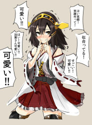 Rule 34 | 10s, 1girl, bare shoulders, blush, blush stickers, boots, brown eyes, brown hair, cosplay, detached sleeves, fingersmile, hairband, haruna (kancolle), haruna (kancolle) (cosplay), iwasaki takashi, japanese clothes, kaga (kancolle), kantai collection, looking at viewer, ribbon trim, solo, thigh boots, thighhighs, translated