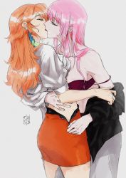 Rule 34 | 2girls, absurdres, blush, bra, breasts, clothes pull, couple, earrings, closed eyes, feather earrings, feathers, french kiss, gradient hair, highres, hololive, hololive english, iskaydi, jewelry, kiss, lingerie, long hair, mori calliope, multicolored hair, multiple girls, open clothes, open shirt, orange hair, takanashi kiara, underwear, undressing, unzipping, virtual youtuber, yuri