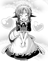 Rule 34 | 1girl, andou mahoro, apron, ascot, blush, brooch, closed eyes, greyscale, heart, ichimi, jewelry, mahoromatic, maid, maid apron, maid headdress, monochrome, open mouth, smile, solo, twintails, v arms