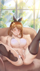 Rule 34 | 1girl, absurdres, aftersex, armchair, atelier (series), atelier ryza, atelier ryza 3, black hairband, black panties, black thighhighs, braid, breasts, brown eyes, brown hair, censored, chair, clothing aside, collared shirt, commentary, crown braid, cum, cum in pussy, cumdrip, dangle earrings, earrings, english commentary, finger to mouth, hair ornament, hairband, highres, indoors, jewelry, koufve, large breasts, looking at viewer, mosaic censoring, panties, panties aside, parted lips, pussy, reclining, reisalin stout, shirt, short hair, sidelighting, single sidelock, sitting, sleeveless, sleeveless shirt, soles, solo, spread legs, spread pussy, thighhighs, underwear, white shirt, x hair ornament