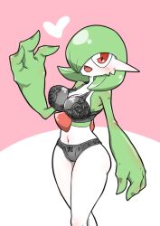 Rule 34 | 1girl, arm at side, bare shoulders, black bra, black panties, blush, bob cut, bow, bow panties, bra, breasts, cameltoe, cleavage, clothed pokemon, colored skin, creatures (company), female focus, floral print, game freak, gardevoir, gen 3 pokemon, green hair, green skin, hair over one eye, hand up, happy, heart, kazamidoririnn, looking at viewer, medium breasts, multicolored skin, navel, nintendo, one eye covered, open mouth, panties, personification, pink background, pokemon, pokemon (creature), red eyes, shiny skin, short hair, simple background, smile, solo, standing, stomach, thighs, two-tone background, two-tone skin, underwear, underwear only, variant set, white skin