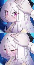 Rule 34 | 1boy, 1girl, 2koma, absurdres, ahoge, blue archive, blurry, blush, closed eyes, comic, commentary request, demon girl, demon horns, depth of field, fisro, hair between eyes, happy, headpat, highres, hina (blue archive), hina (pajamas) (blue archive), horns, jacket, jacket on shoulders, long hair, long sleeves, looking at viewer, official alternate costume, open clothes, open jacket, out of frame, parted bangs, parted lips, pov, pov hands, purple eyes, sensei (blue archive), sidelocks, silent comic, smile, surprised, sweater, sweater jacket, white hair, yellow sweater