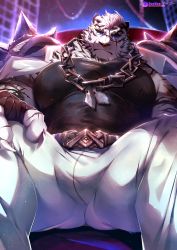 Rule 34 | 1boy, absurdres, animal ears, arknights, armor, bara, black tank top, blue eyes, booboo (19816236), bulge, bursting pectorals, chain, chain necklace, covered abs, covered erect nipples, covered navel, feet out of frame, from below, furry, furry male, gluteal fold, highres, huge filesize, jewelry, large pectorals, looking at viewer, male focus, mountain (arknights), muscular, muscular male, necklace, paid reward available, pants, pauldrons, pectorals, scar, scar across eye, scar on face, short hair, shoulder armor, shoulder spikes, sitting, solo, spikes, tank top, thick thighs, thighs, tiger boy, tiger ears, tight clothes, tight pants, white fur, white hair, white pants