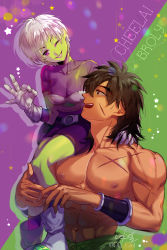 Rule 34 | 1boy, 1girl, black hair, bodysuit, boots, bracelet, breasts, broly (dragon ball super), character name, cheelai, collarbone, colored skin, dragon ball, dragon ball super, dragon ball super broly, facial scar, gloves, green skin, hetero, highres, jewelry, looking at another, looking at viewer, medium breasts, muscular, ok sign, one eye closed, purple eyes, scar, scar on cheek, scar on chest, scar on face, signature, sitting on shoulder, smile, star (symbol), tarutobi, topless male, twitter username, white footwear, white gloves, white hair