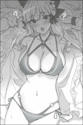 Rule 34 | 1girl, bad id, bad twitter id, bikini, blush, bow, bowtie, breasts, cleavage, commentary request, curly hair, elf, eyes visible through hair, flower, greyscale, hair flower, hair ornament, jacket, large breasts, layered bikini, long hair, looking at viewer, lying, mobu, monochrome, navel, open mouth, pointy ears, princess connect!, ribbon, saren (princess connect!), saren (summer) (princess connect!), solo, sweatdrop, swimsuit