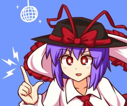 Rule 34 | 1girl, :d, ascot, black hat, blue background, bow, check commentary, collarbone, commentary request, disco ball, frills, hair between eyes, hand up, hat, hat bow, hat ribbon, index finger raised, lightning bolt symbol, long sleeves, looking at viewer, nagae iku, open mouth, purple hair, red bow, red eyes, red ribbon, ribbon, saturday night fever, shawl, shirt, short hair, simple background, smile, solo, sparkle, touhou, upper body, white shirt, wool (miwol)