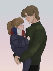 Rule 34 | 1boy, 1girl, age difference, aida kensuke, beard, blue eyes, brown hair, carrying, child, crying, evangelion: 3.0+1.0 thrice upon a time, face-to-face, facial hair, friends, glasses, holding person, jacket, neon genesis evangelion, rebuild of evangelion, scarf, smile, souryuu asuka langley, sweater, tears, twintails