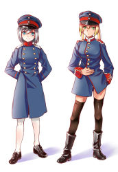 Rule 34 | 2girls, arms behind back, blonde hair, blue eyes, boots, buttons, germany, green eyes, hat, highres, longmei er de tuzi, looking at viewer, military, military uniform, multiple girls, original, peaked cap, shoes, silver hair, simple background, skindentation, smile, standing, thighhighs, uniform, world war i, zettai ryouiki