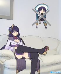 Rule 34 | 1boy, 1girl, black thighhighs, blue hair, braid, breasts, chibi, chibi inset, cleavage, commentary request, couch, genshin impact, hair ornament, hat, highres, japanese clothes, kid taped to wall (meme), kimono, large breasts, long sleeves, meme, ooyun, purple eyes, purple kimono, raiden shogun, scaramouche (genshin impact), thighhighs, twitter username, wanderer (genshin impact)