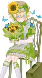 1boy absurdres aegyo_sal alternate_costume basil_(faraway)_(omori) basil_(omori) blonde_hair blue_butterfly blue_eyes blush bouquet bow bug butterfly chair closed_mouth crossdressing dress flower gloves green_bow green_dress green_ribbon hat hat_bow hat_ribbon highres holding holding_bouquet insect kneehighs lifejam_403 looking_at_viewer male_focus omori puffy_short_sleeves puffy_sleeves ribbon short_hair short_sleeves simple_background sitting socks solo sunflower white_background white_gloves white_socks